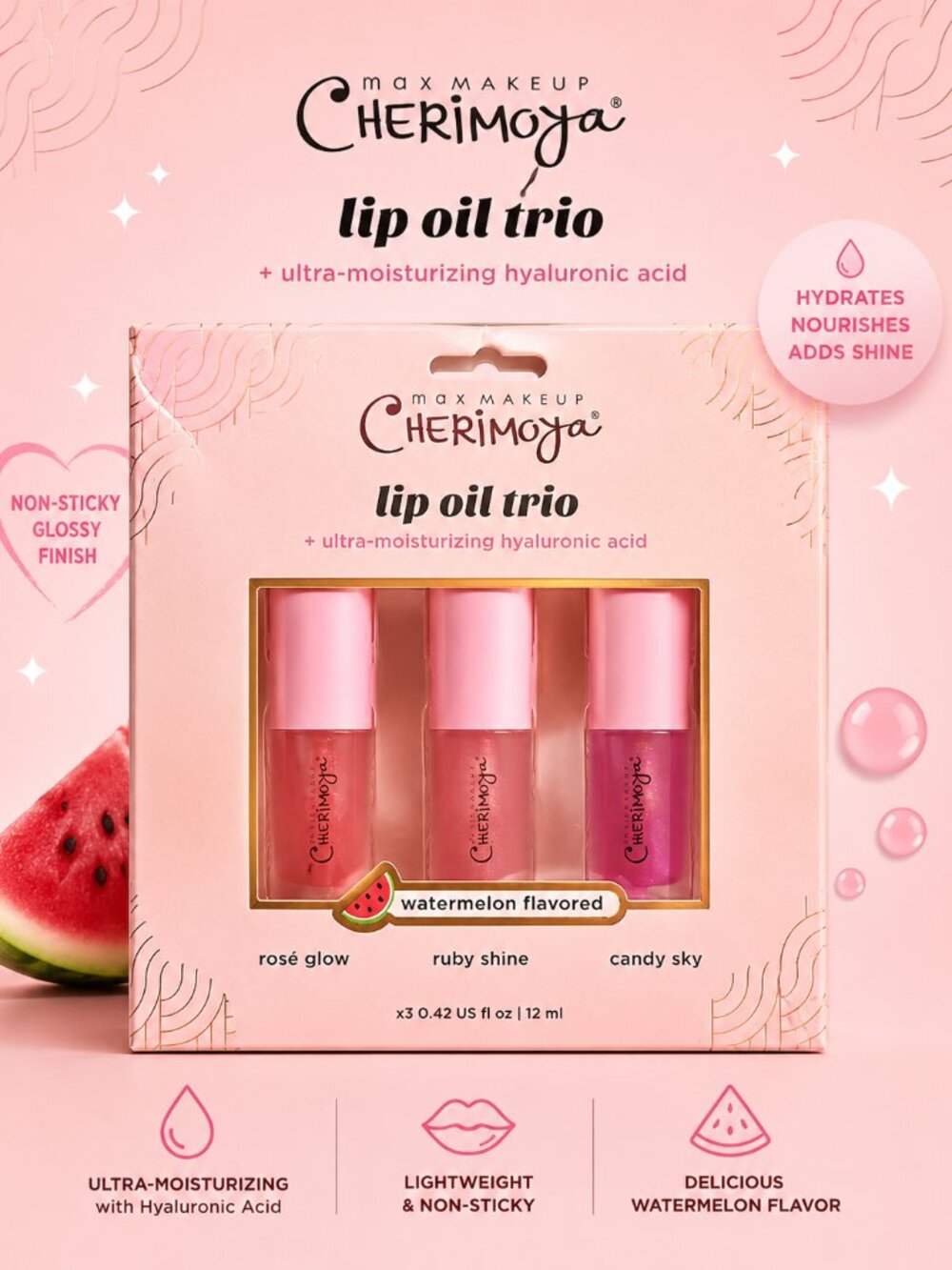 Max Makeup Cherimoya Watermelon Lip Oil Trio with Hyaluronic Acid NWT